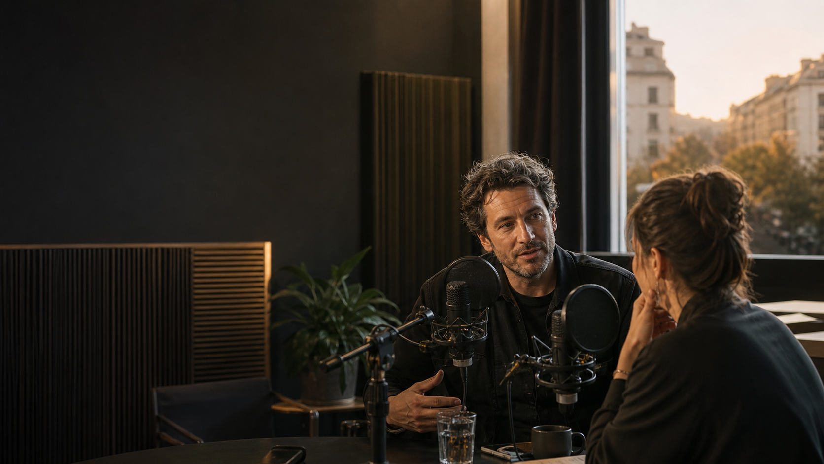 Two podcasters recording a conversation in a warm Budapest studio