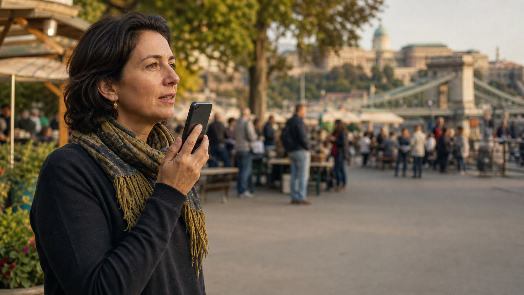 A woman records a voice report at a public gathering in Budapest